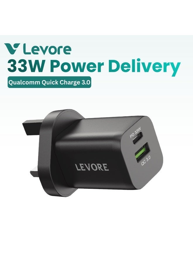 ليفور شاحن حائط ليفور 33 وات 1XUSB-C PD ومنفذ 1XUSB-A QC3 - أسود - Image 1